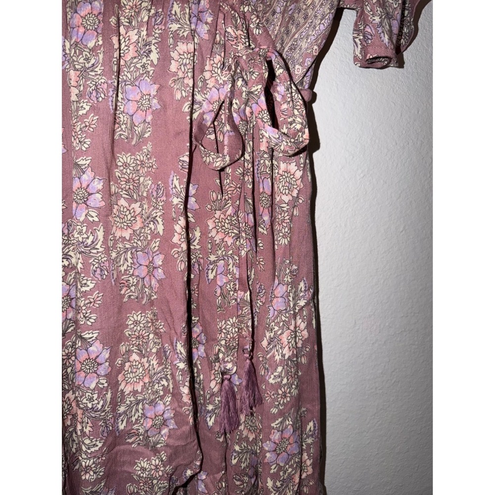 Women Mauve Purple Floral Boho Wrap Dress High Low Tassel Tie Medium - Picture 4 of 5